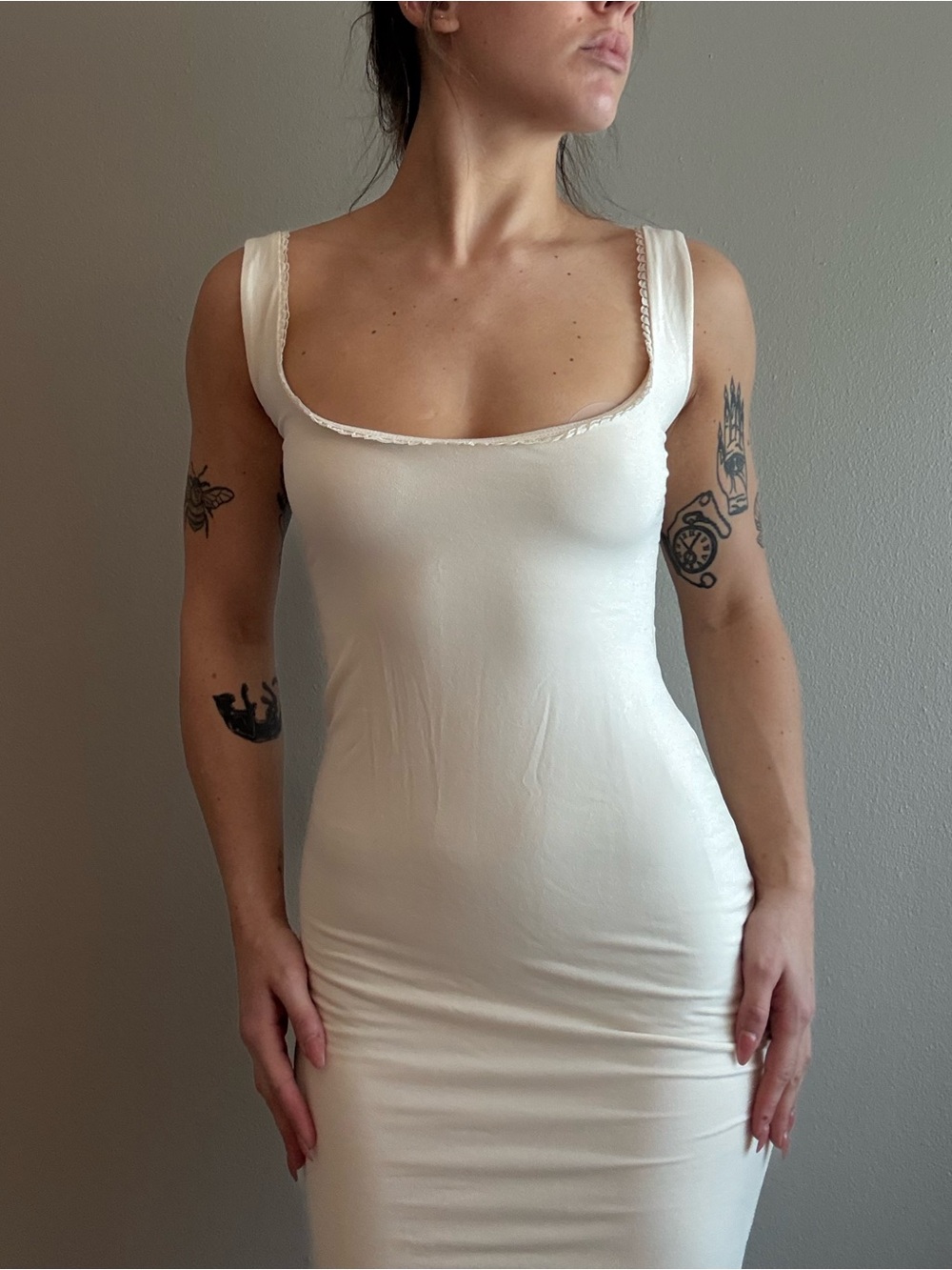 Oh Polly Cream Scoop Neck Slip Dress with Wide Straps